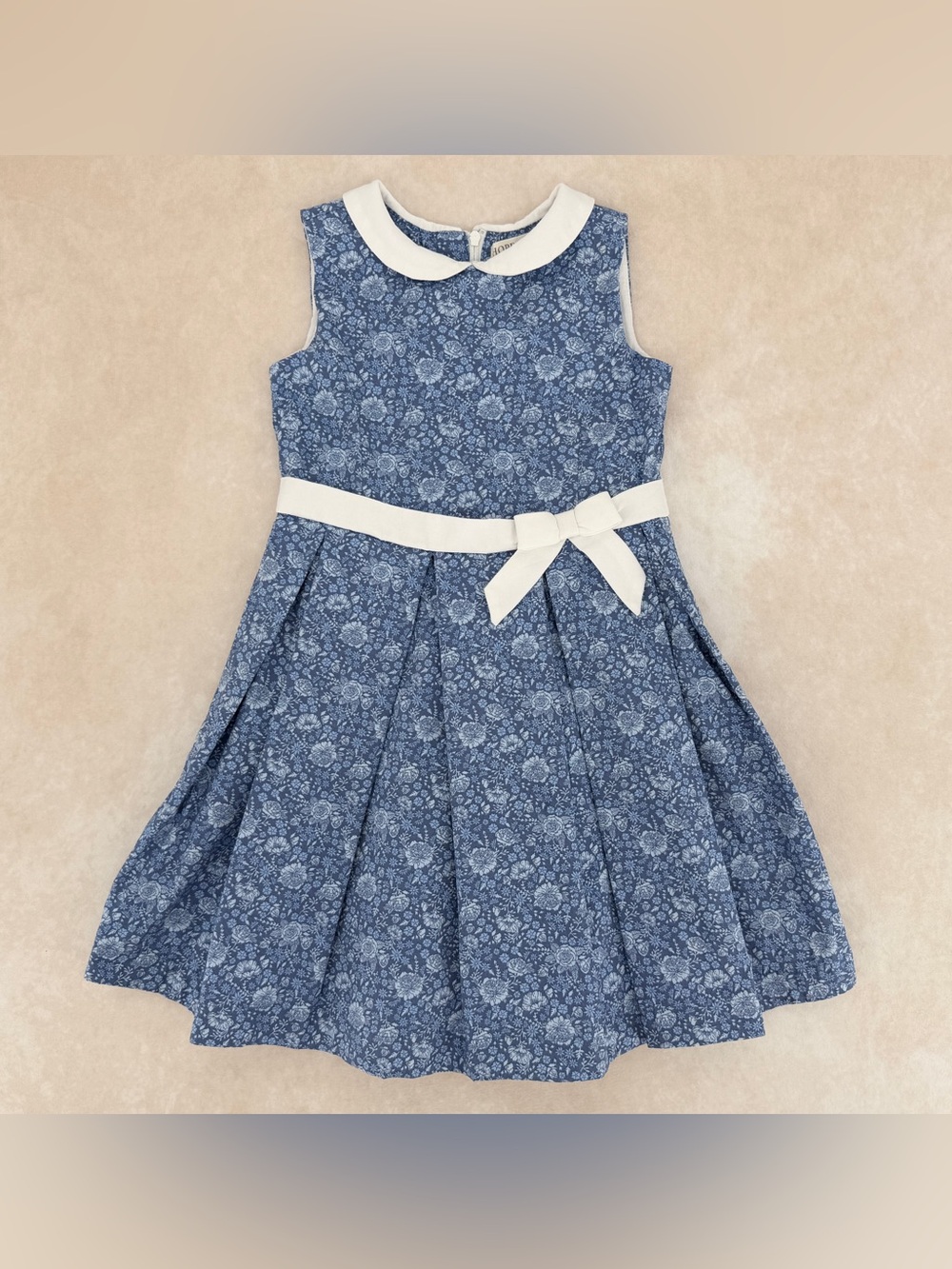 Hope & Henry Blue Floral Pleated Dress with White Collar and Bow
